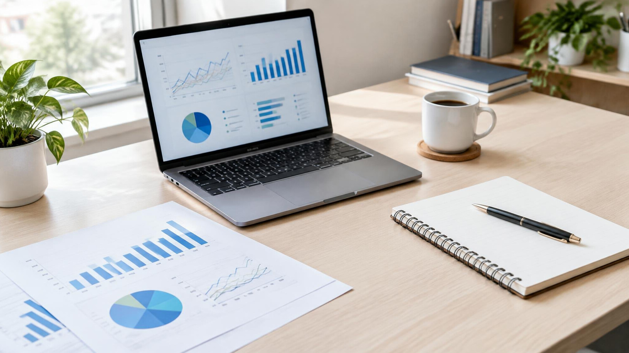 Laptop and documents with charts on a desk