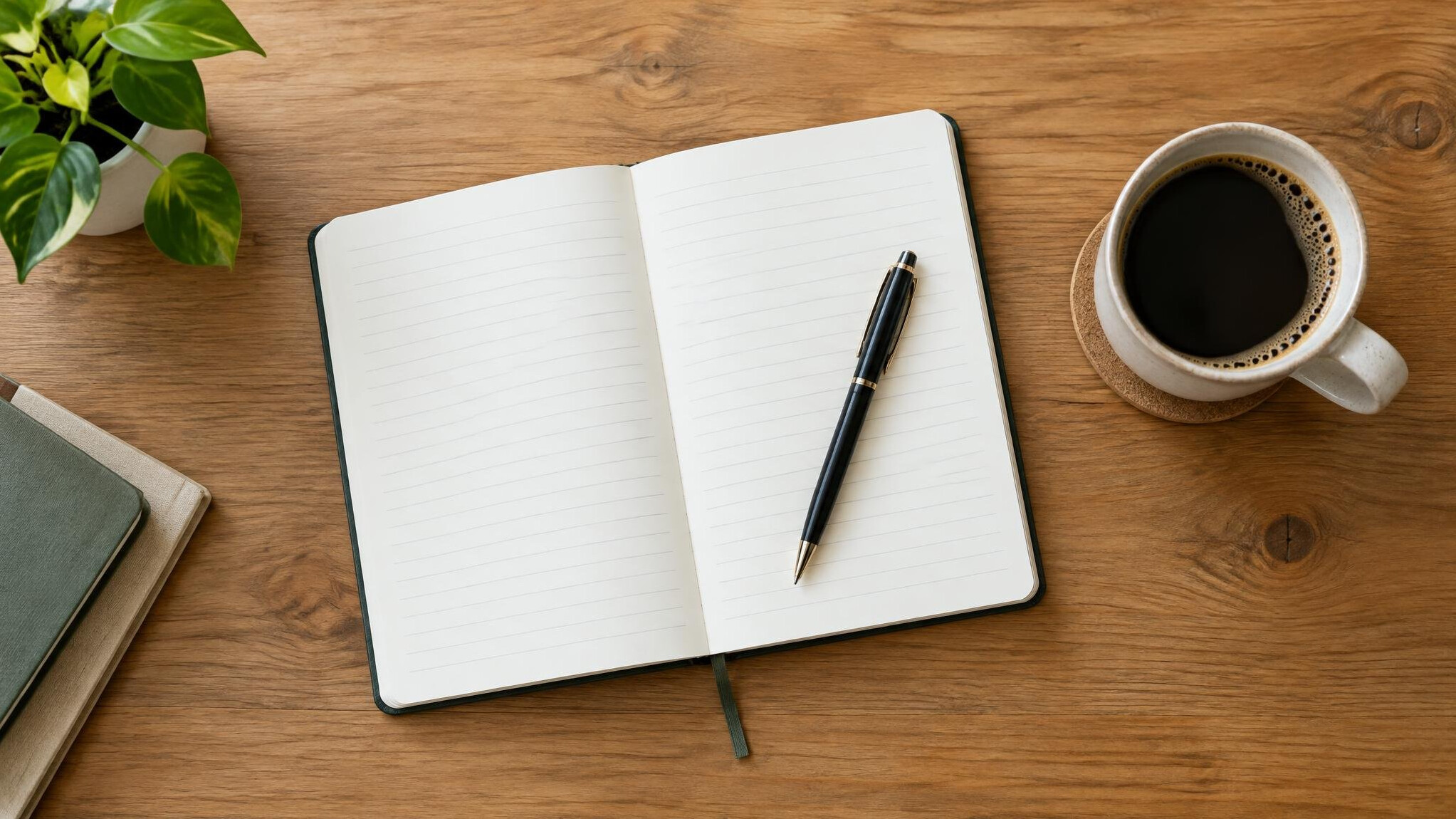 Notebook and pen on a wooden desk with a cup of coffee